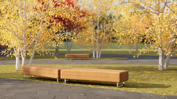 Seniorikampuksen pihan puiset SLICE™ -penkit ovat kestävät ja tilavat istuimet isommallekin ryhmälle istua. | The wooden SLICE™ benches in the Senior Campus courtyard are durable and spacious, providing ample seating for larger groups. | palad®