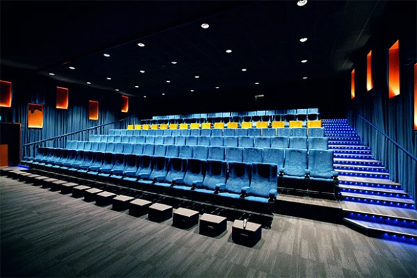 Jokainen REX-salin eturivin paikka on varustettu omalla, BioRex Rovaniemen tarpeiden mukaisesti suunnitellulla rahilla | Each seat in the front row of the REX auditorium is equipped with its own ottoman, designed specifically to meet the needs of BioRex Rovaniemi.